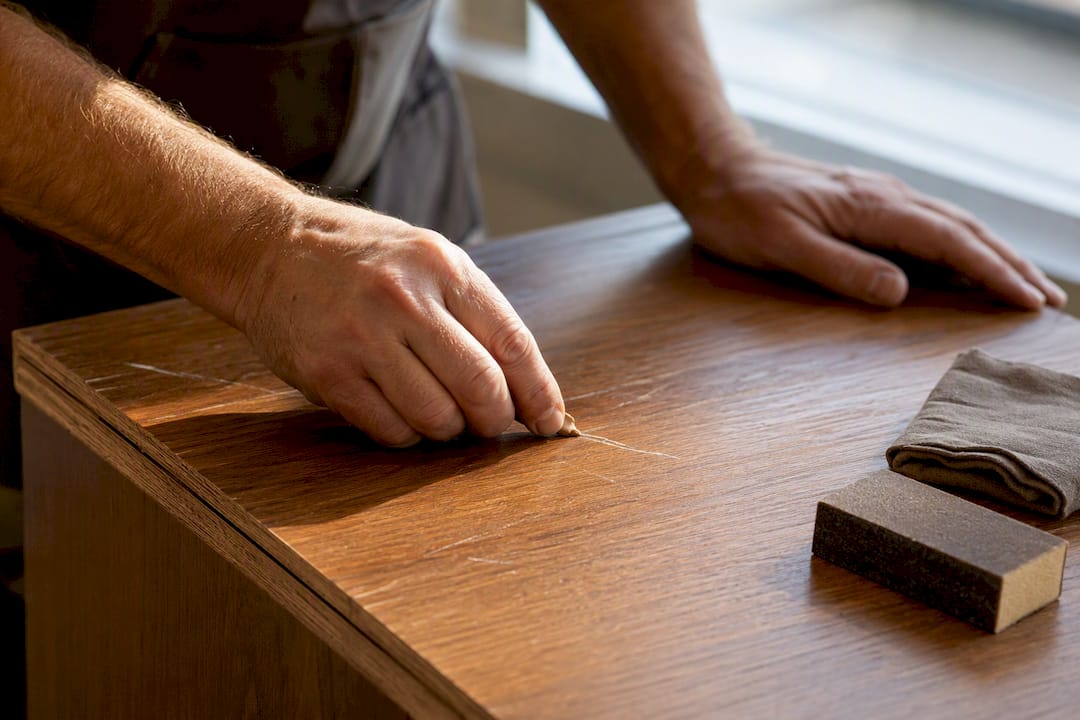 Technician repairing returned furniture finish