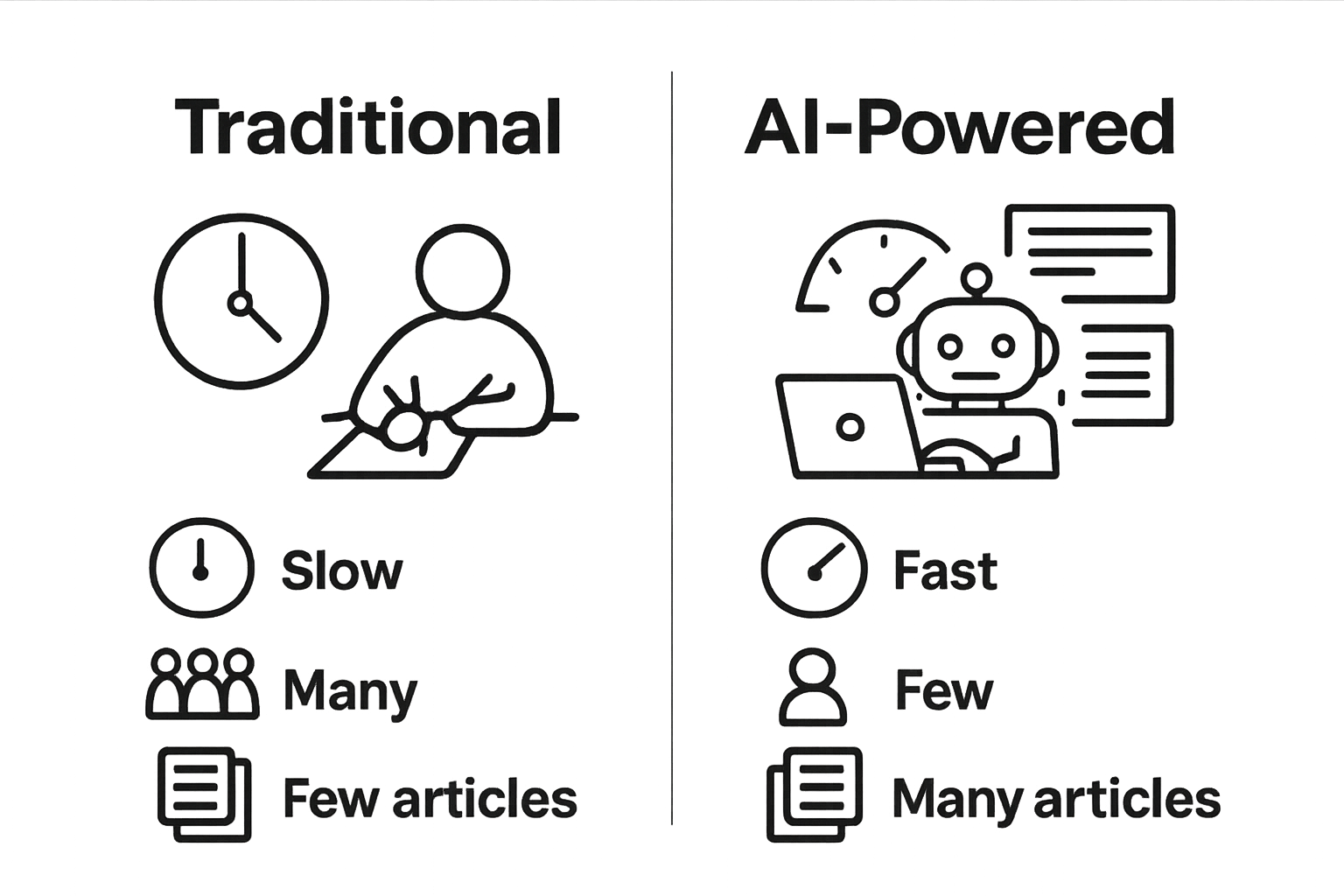 Traditional vs. AI-powered content creation comparison, time and efficiency