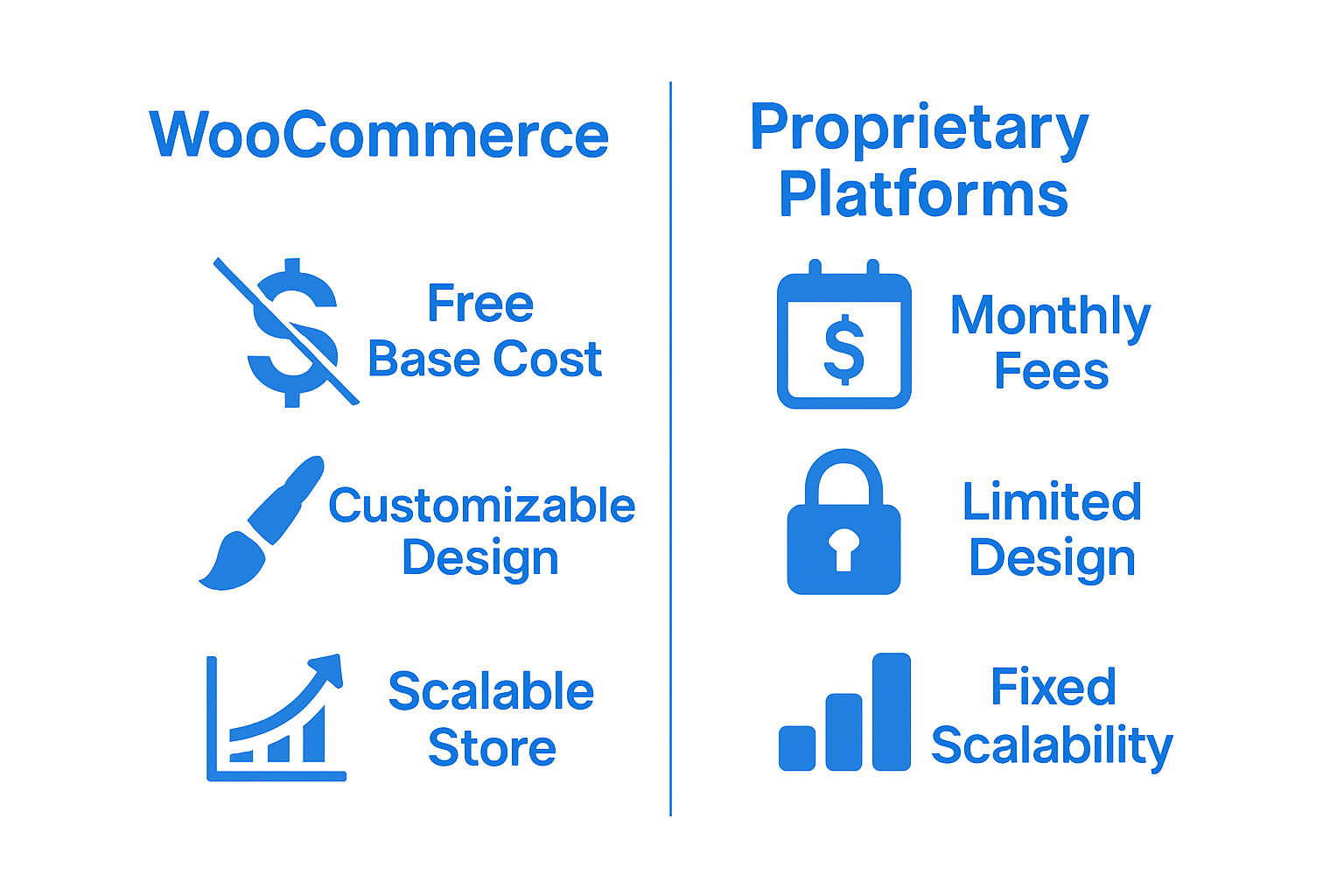Infographic comparing WooCommerce and proprietary platforms by cost and flexibility