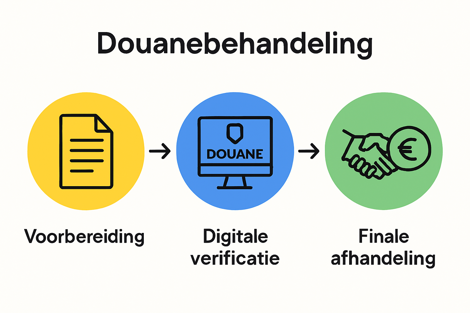 Infographic met drie stappen van customs clearance: voorbereiding, verificatie, betaling.