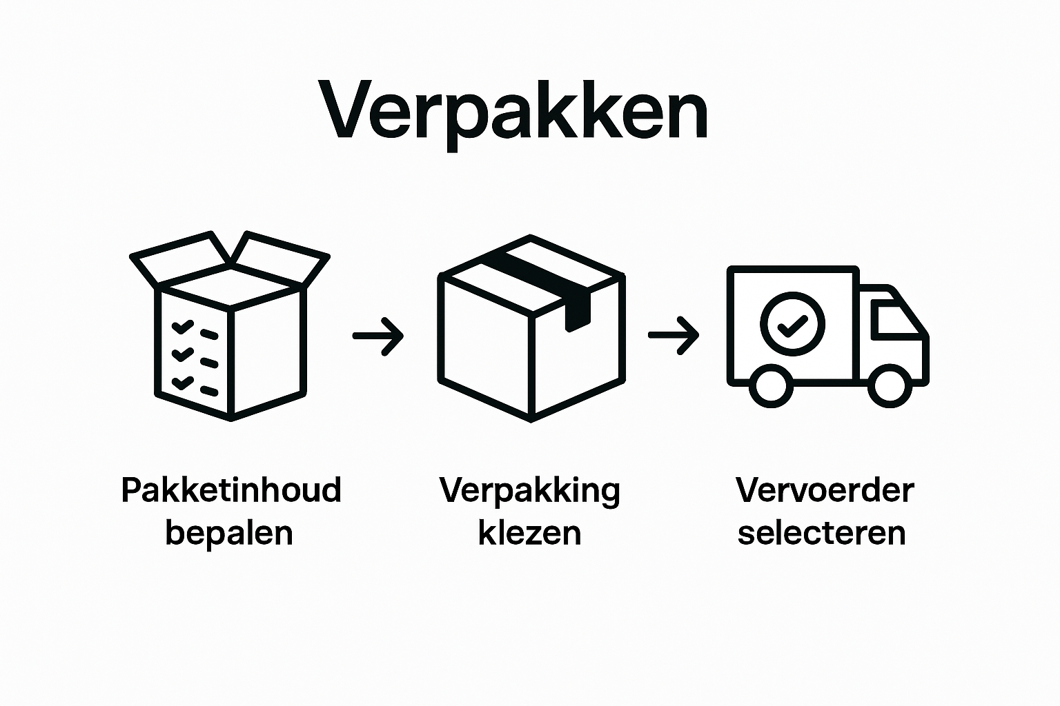 Drie pictogrammen tonen pakketinhoud, verpakking, en verzending met pijlen ertussen