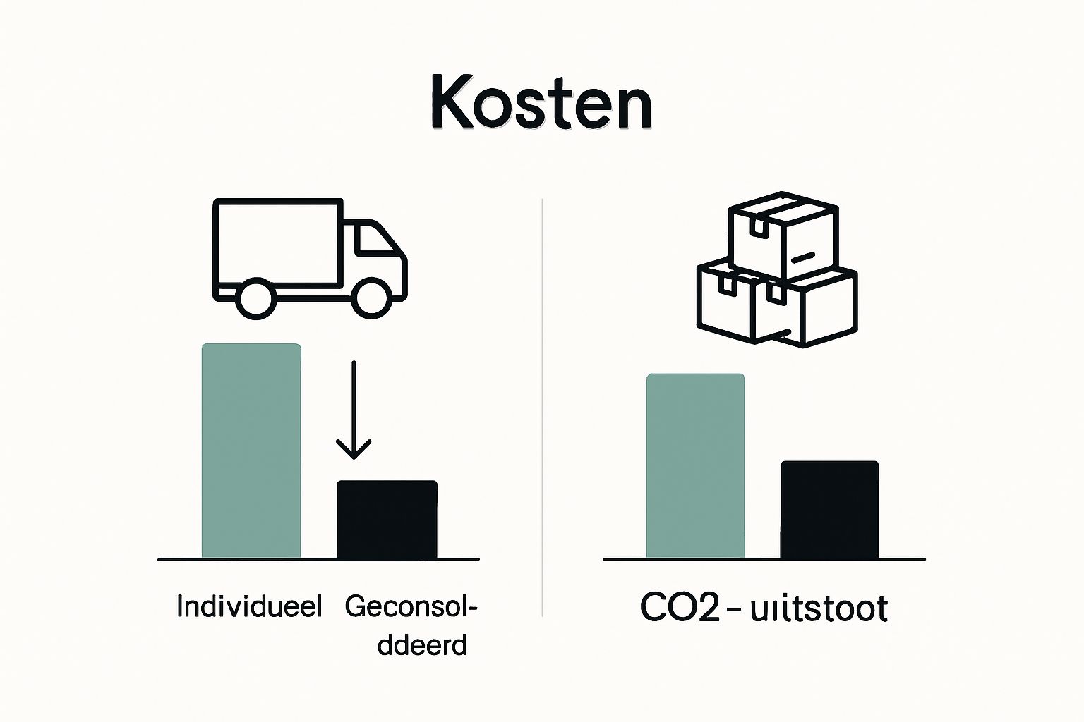 Vergelijking kosten en CO2-uitstoot pakket consolidatie versus losse zendingen infographic