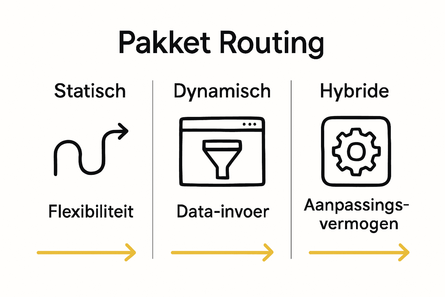 Vergelijkende infographic routingmethoden: statisch, dynamisch, hybride.