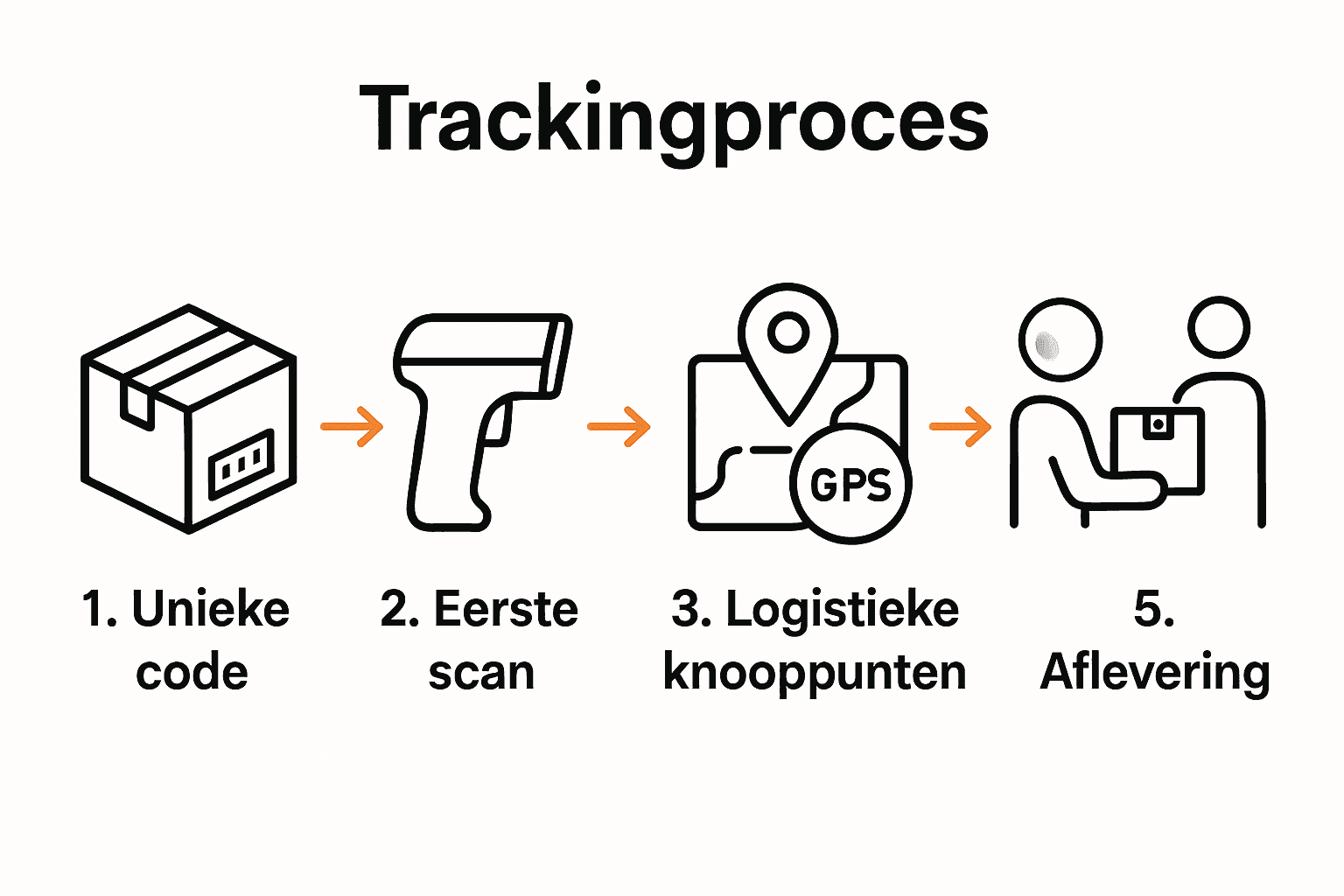 Infographic van vijf stappen van het trackingproces in de logistiek