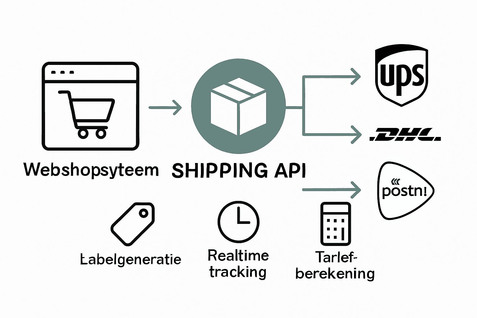 Schematische workflow van shipping API integratie in een webshop