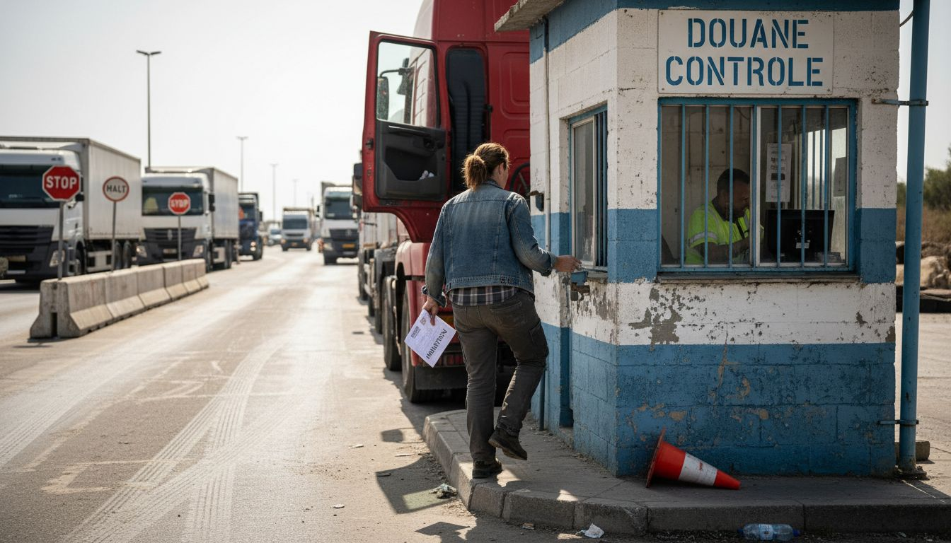 Vrachtwagen met chauffeur wacht bij de douanecontrole