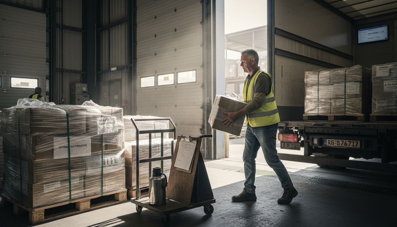 Havenarbeider die samengestelde zendingen afhandelt
