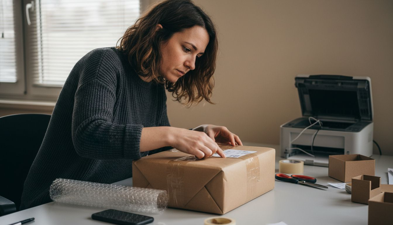 Vrouw inspecteert zorgvuldig de verpakking van een pakket uit het buitenland