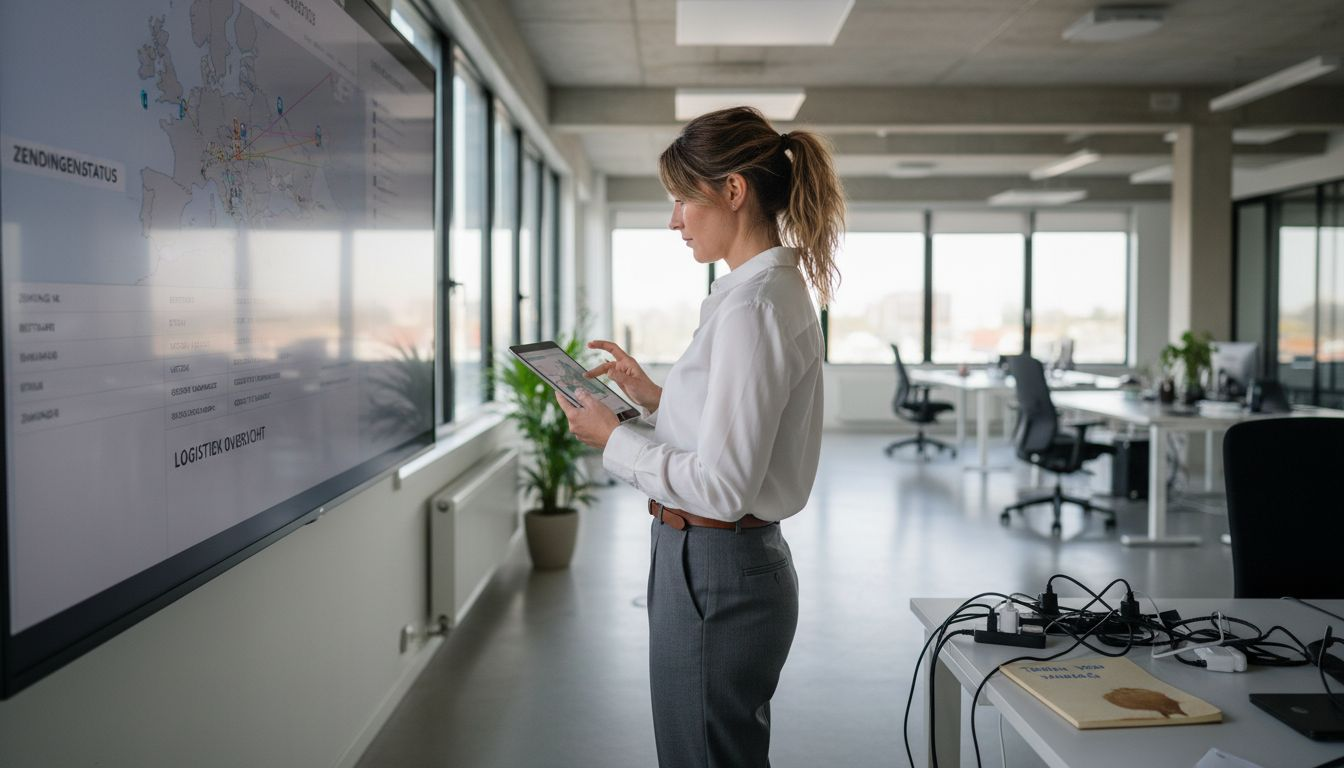 De logistiek manager houdt het overzicht door het tracking scherm en zijn tablet nauwlettend in de gaten te houden.