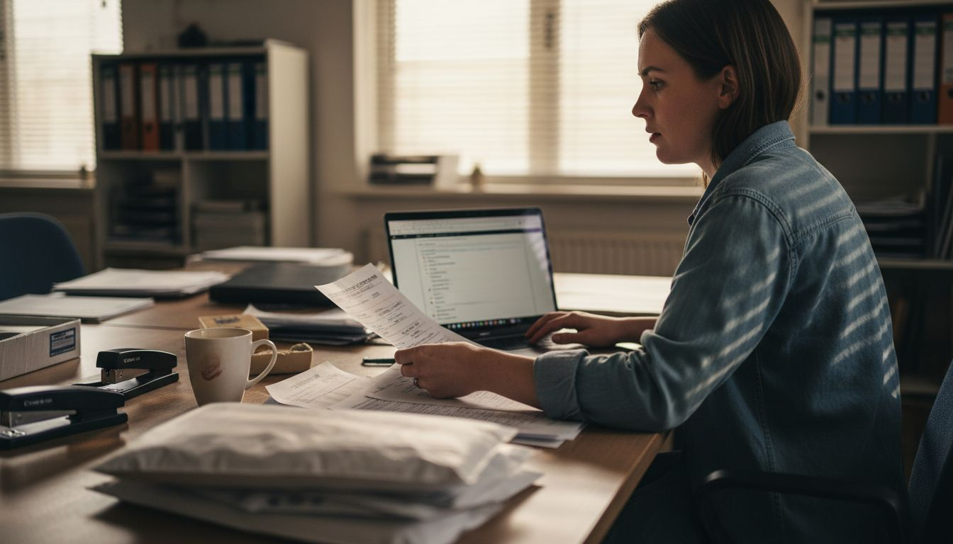 Een logistiek planner zit achter zijn bureau en loopt de binnenkomende en uitgaande zendingen na.