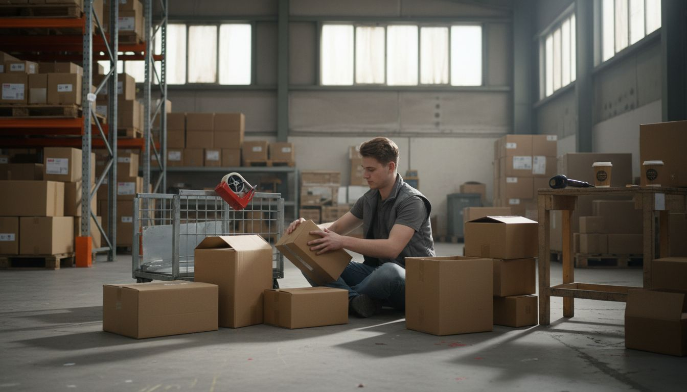 In het magazijn is een medewerker bezig met het sorteren van pakketten.