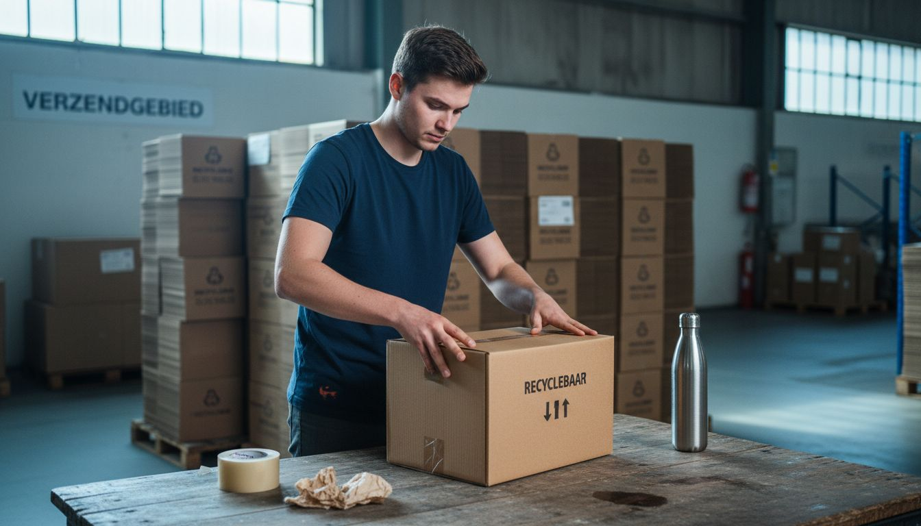 Een medewerker pakt producten in met milieuvriendelijke verpakkingen aan de inpaktafel.