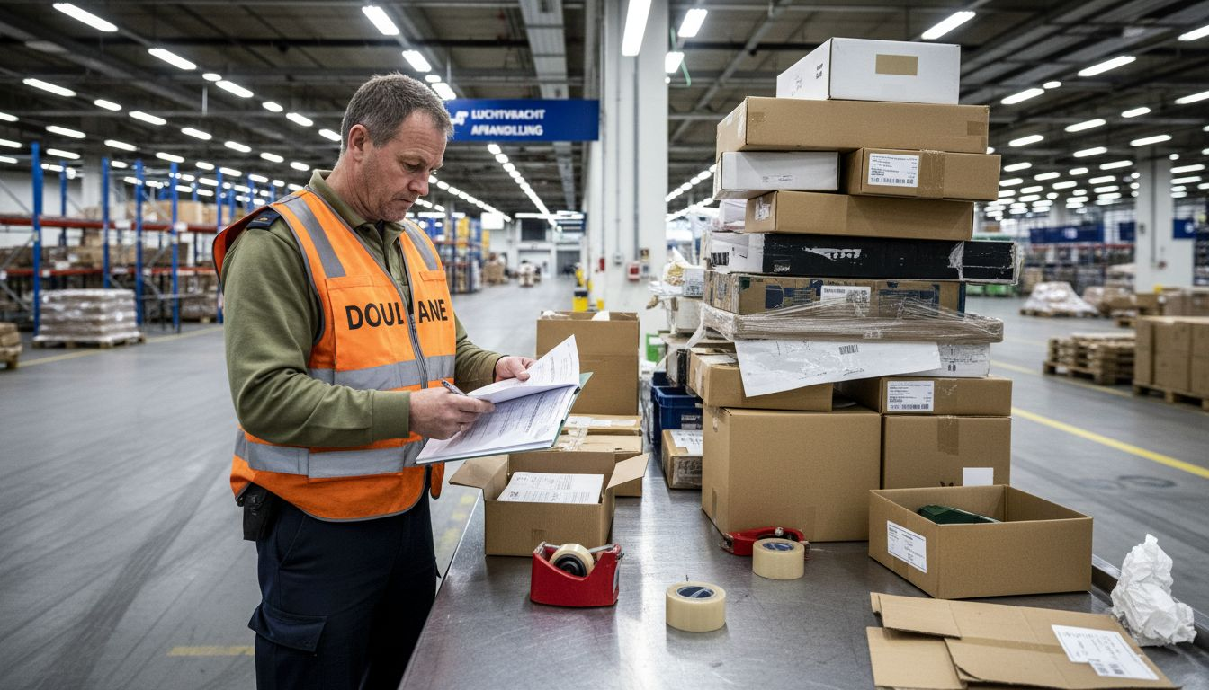 Een douanebeambte controleert pakketten van een zending.