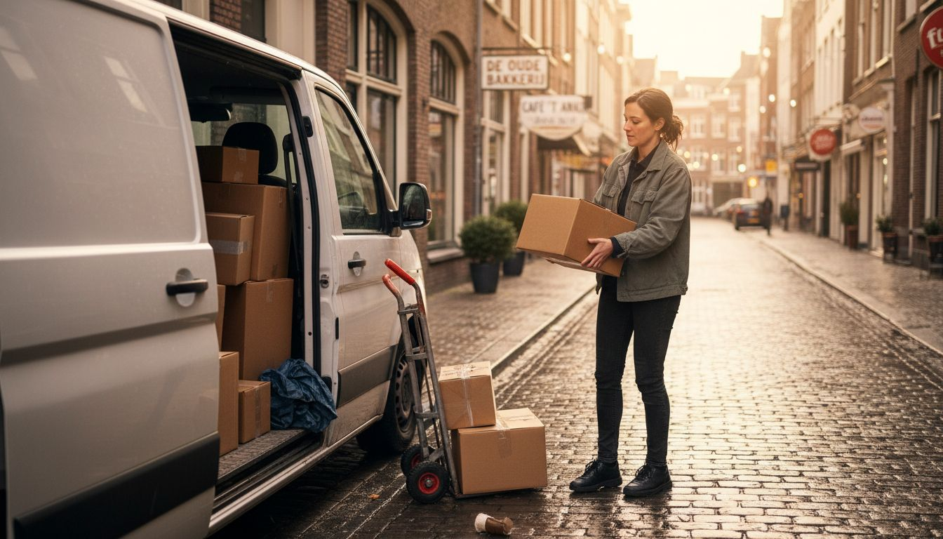 Een bezorger is druk bezig met het uitladen van pakketten op een drukke stadsstraat.