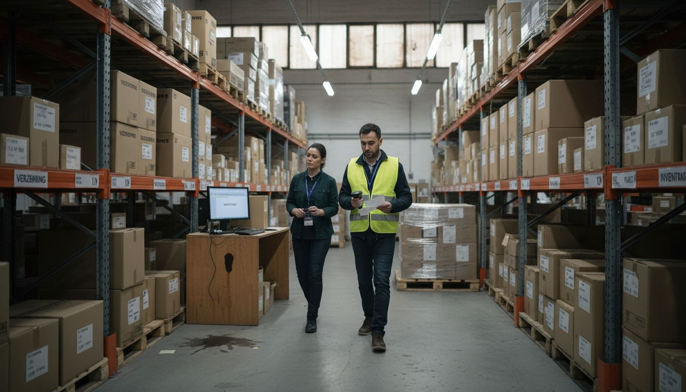 In het magazijn houden medewerkers toezicht op het verzendproces en controleren ze of alles klopt voordat de pakketten de deur uit gaan.