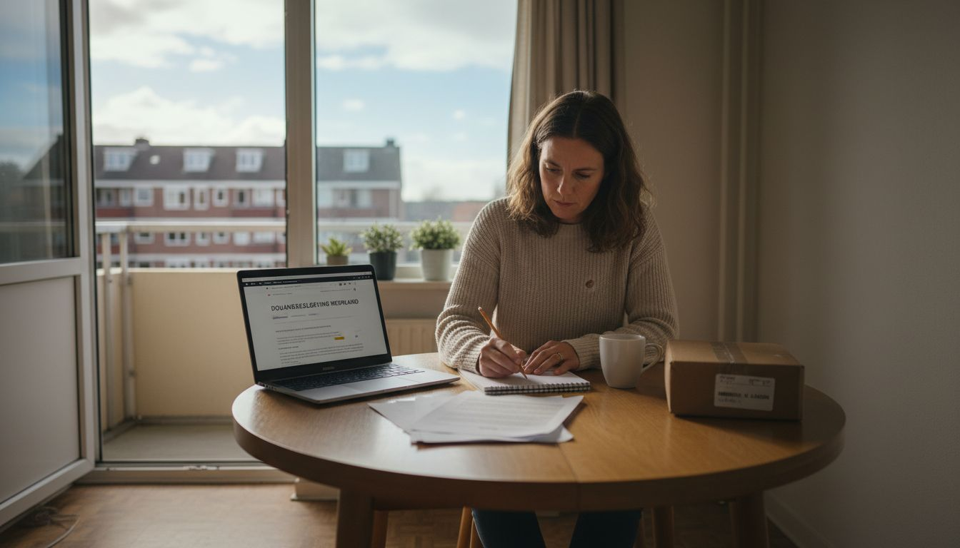Vrouw zoekt op haar laptop naar informatie over douaneregels