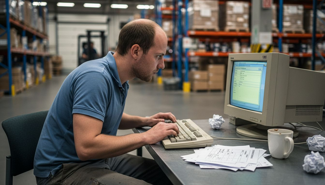 Een medewerker voert douanegegevens in achter een druk bezet bureau.