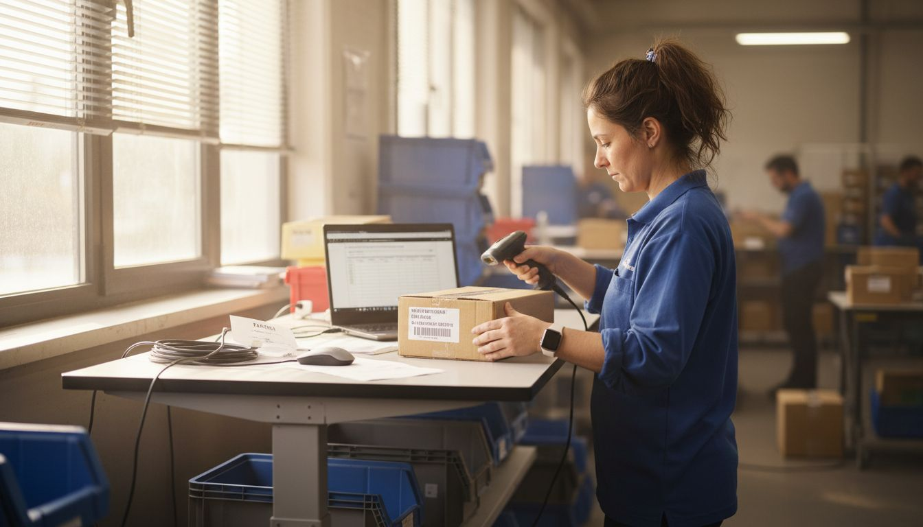 In een druk postkantoor scant een vrouw zorgvuldig pakketten in.