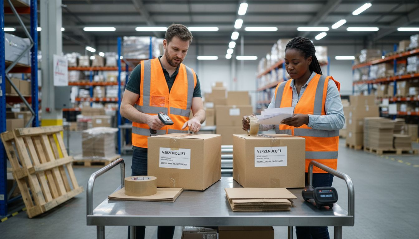 Het magazijnteam controleert de verzendpapieren zorgvuldig voordat de goederen worden verstuurd.