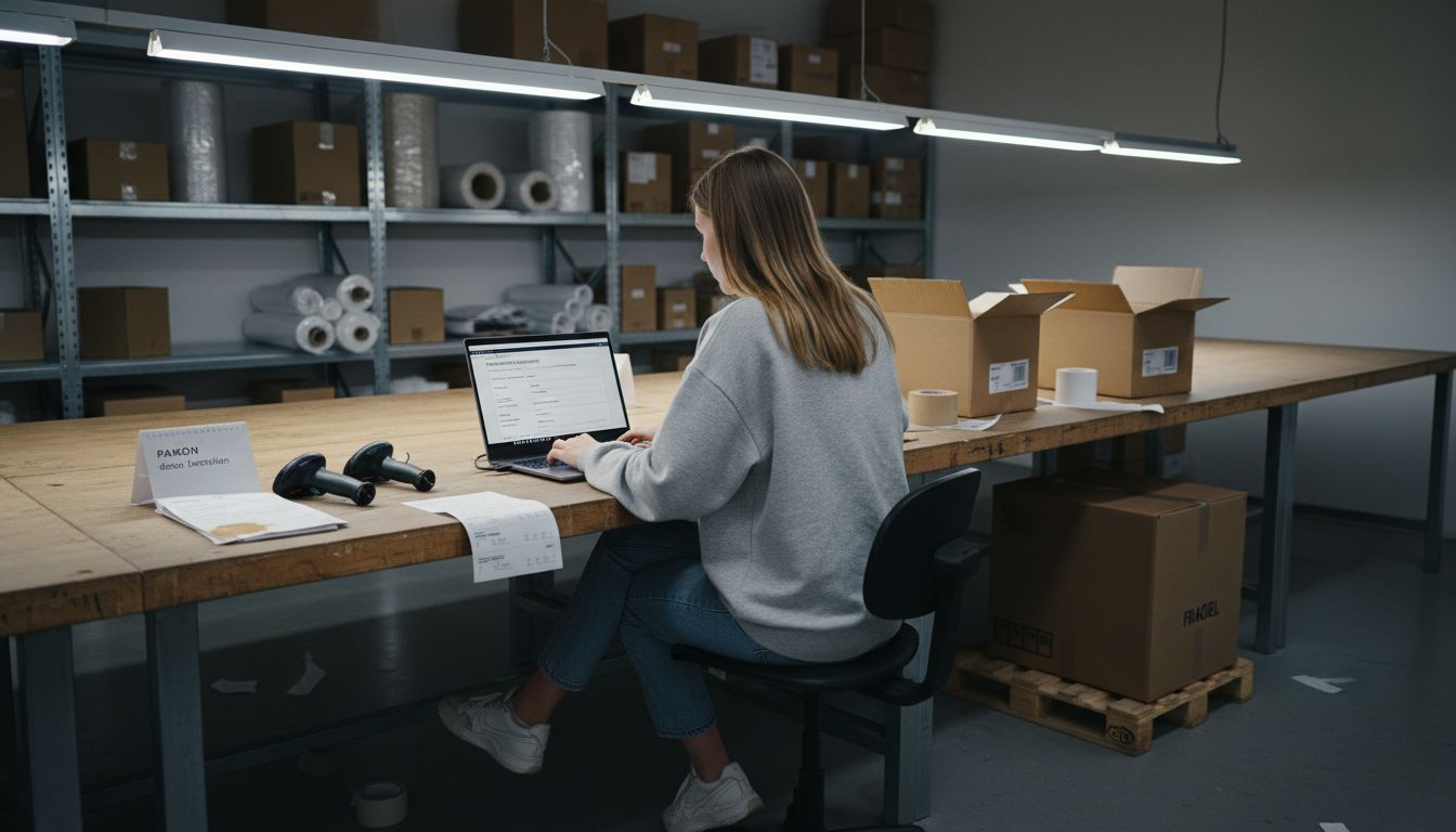 Vrouw brengt nieuwe softwareoplossing aan in het magazijn