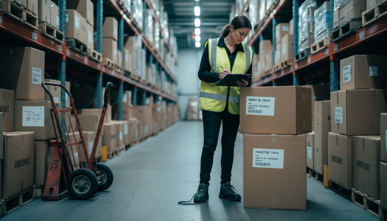 Een logistiek medewerker controleert de dozen in het magazijn zorgvuldig.