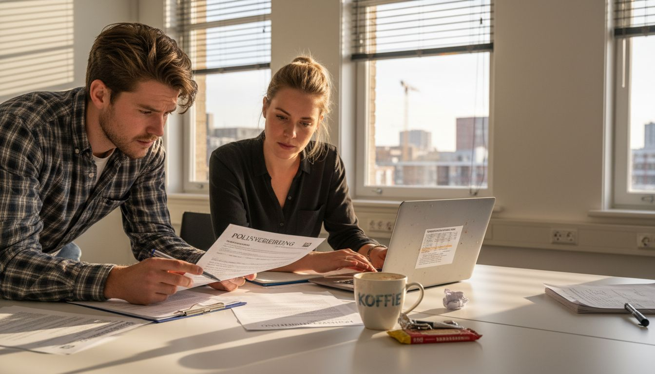 Tijdens de lunch bespreken collega's hun verzekeringen en vergelijken ze hun polissen met elkaar.
