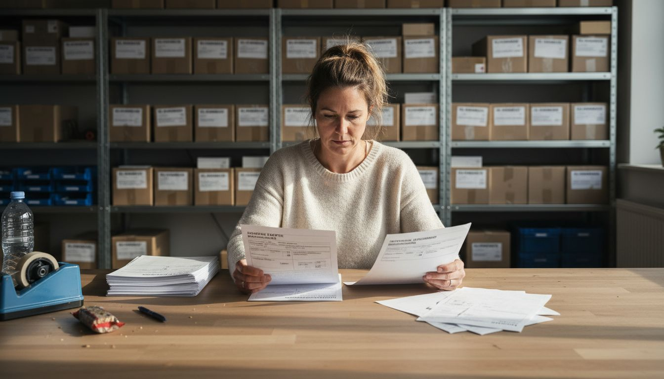 Vrouw bekijkt en vergelijkt twee verschillende douaneformulieren naast elkaar.
