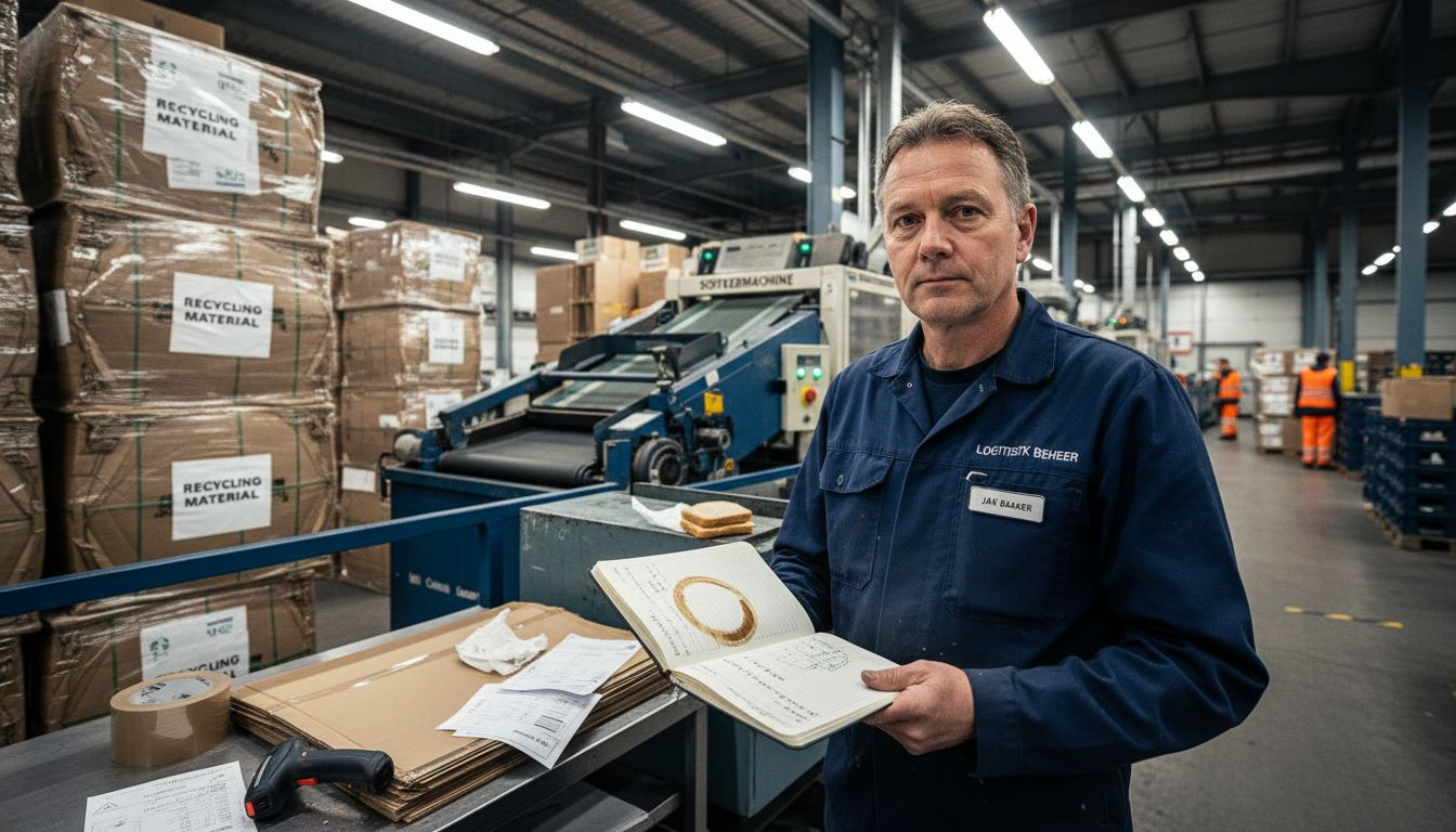 De manager kijkt na of alle verpakkingen geschikt zijn om te recyclen.