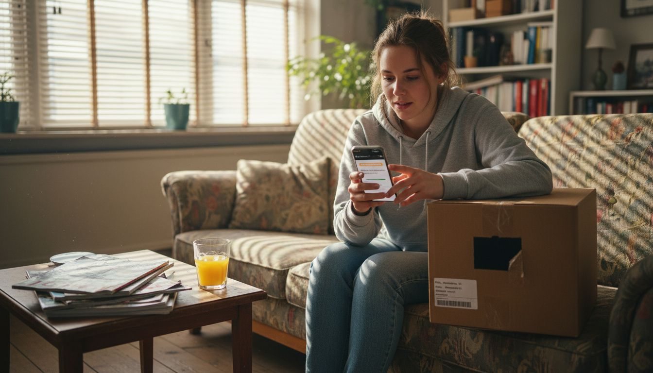 Een vrouw ververst steeds haar track & trace terwijl ze ongeduldig wacht tot haar pakketje eindelijk wordt bezorgd.
