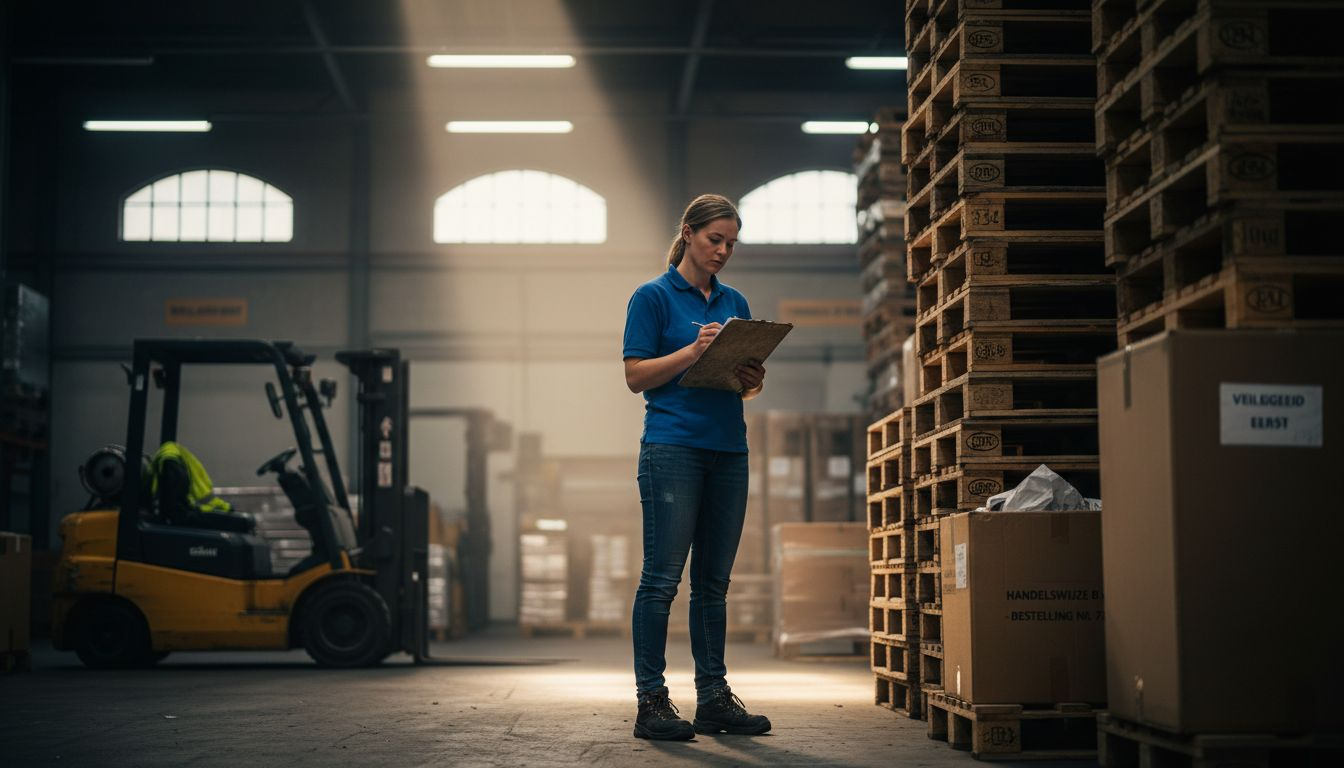 Een magazijnmedewerker controleert de papieren van een inkomende zending.