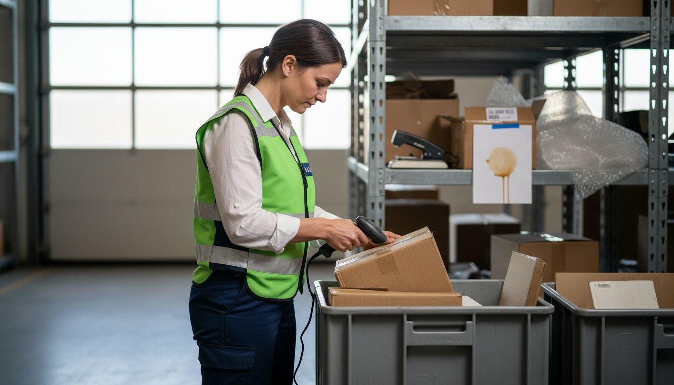 Een douanier controleert een pakket in het magazijn met een scanner.