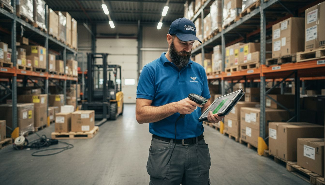 Een medewerker in het magazijn controleert pakketten door ze te scannen.