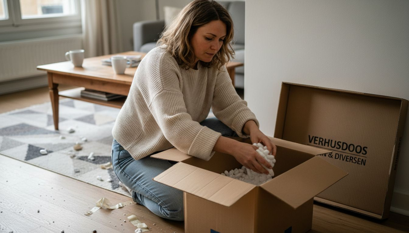 In de woonkamer is een vrouw bezig een doos te vullen met opvulchips.