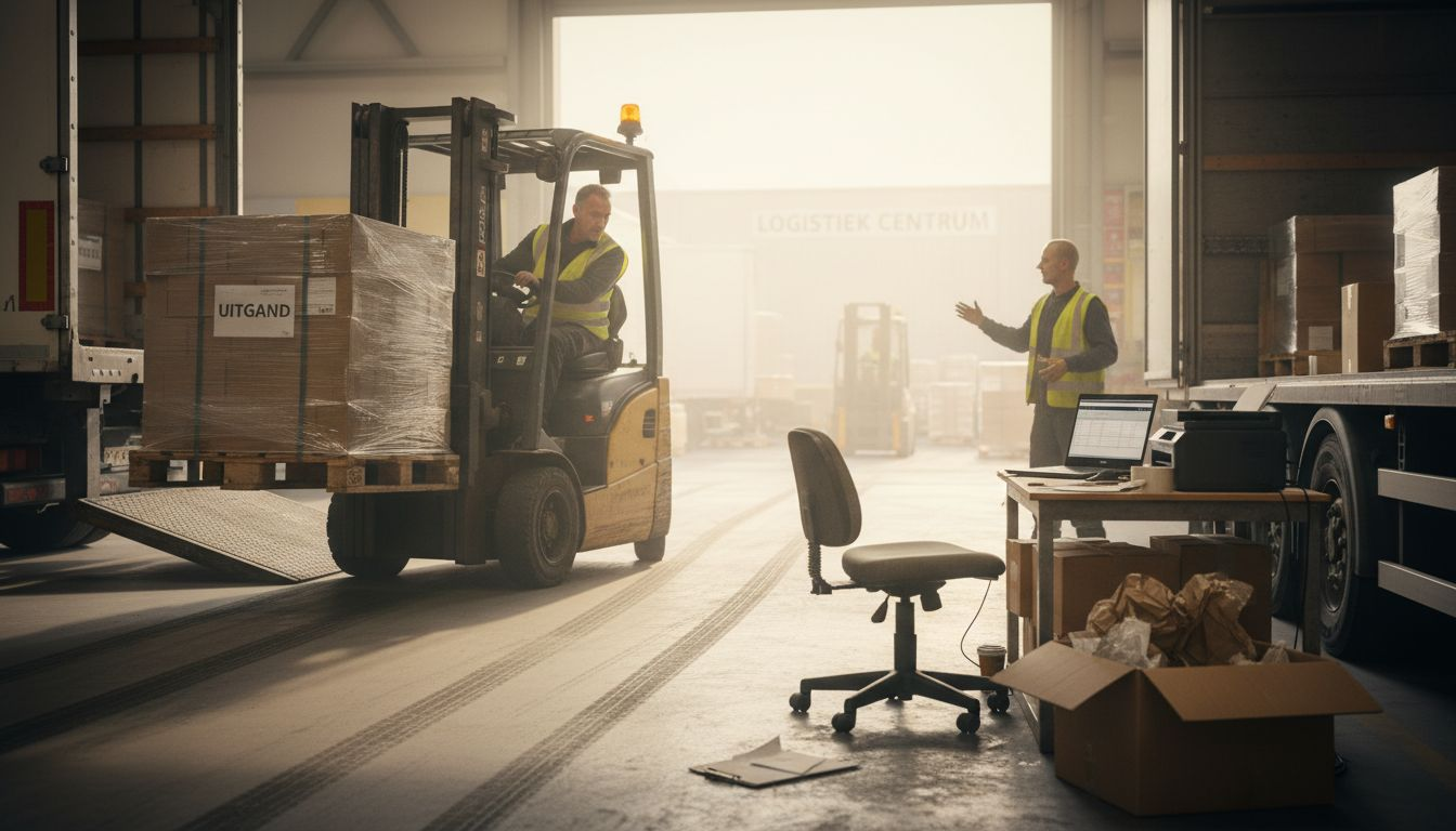 Een heftruck verplaatst een pallet van de ene vrachtwagen naar de andere.