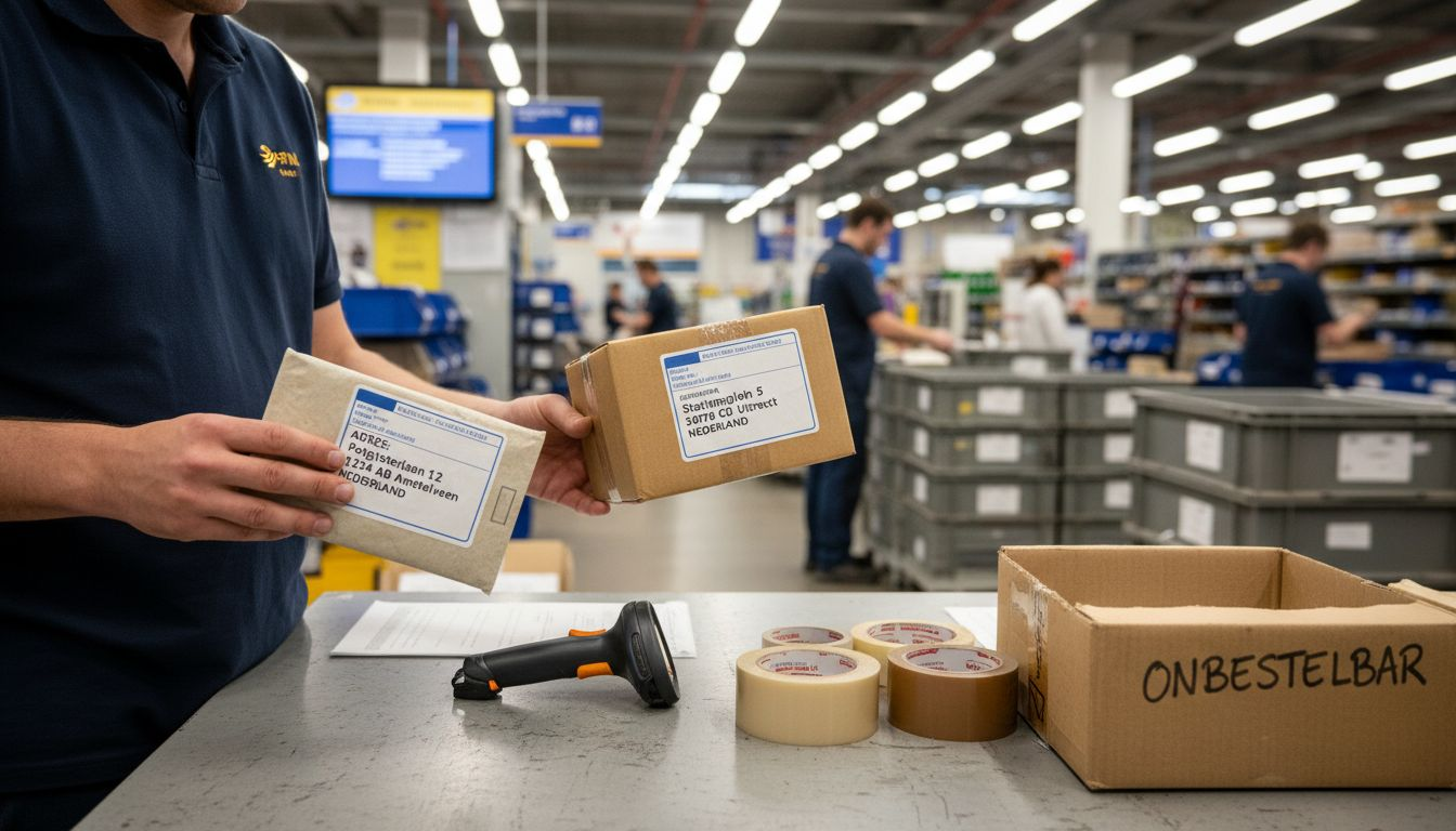 Postmedewerker controleert of adressen aan de juiste richtlijnen voldoen