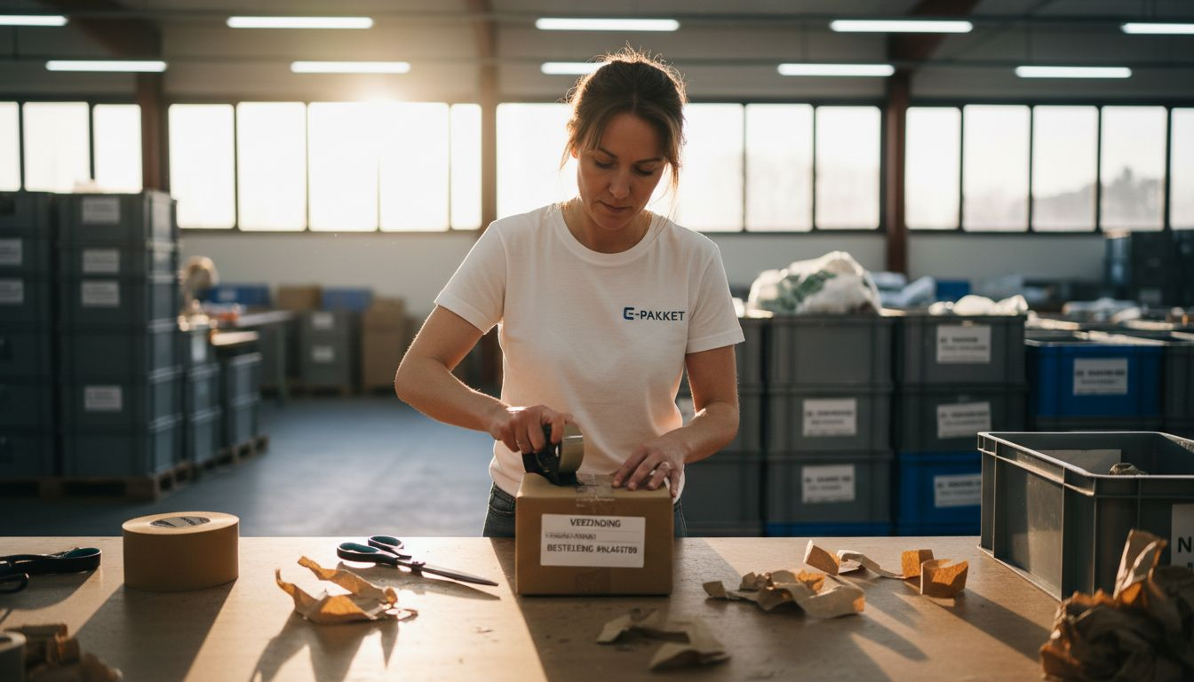 Een vrouw verpakt een pakket met gerecycled karton.