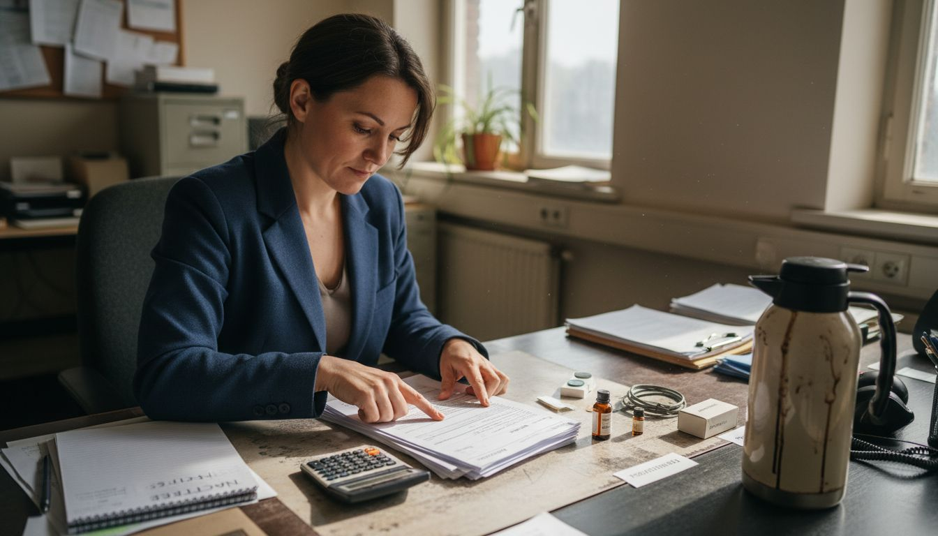 Achter een klein bureau sorteert een administratief medewerker de handelsfacturen.