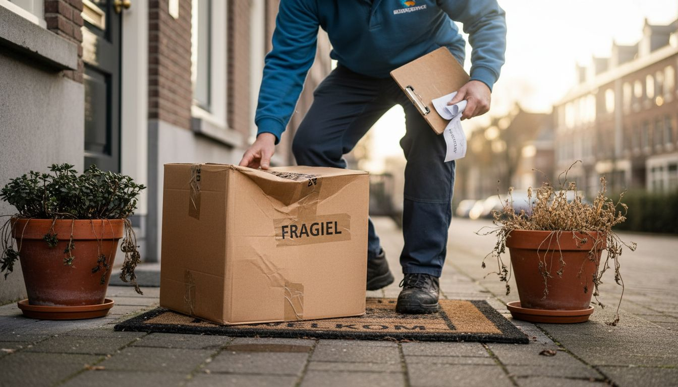 Het pakket is beschadigd door de bezorger bij mij thuis afgeleverd.