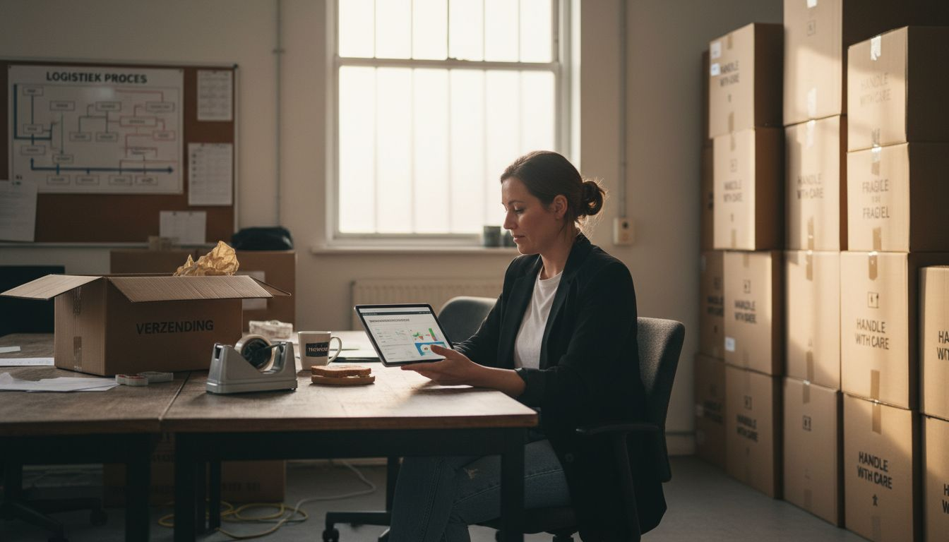 De coördinator bekijkt in het magazijn welke verzendmethoden het meest efficiënt zijn en vergelijkt de verschillende opties.