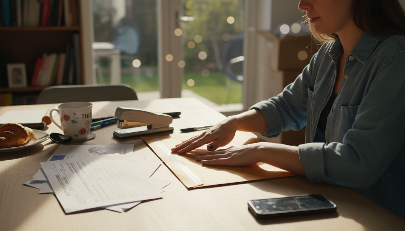 Een vrouw maakt papieren klaar om per post te versturen en sluit de enveloppen zorgvuldig af.