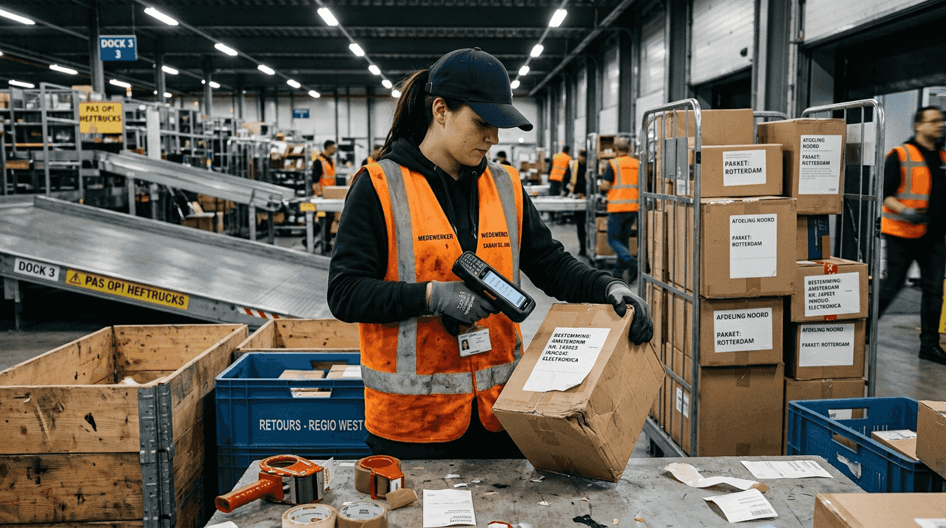 Magazijnmedewerker scant pakketten in het distributiecentrum