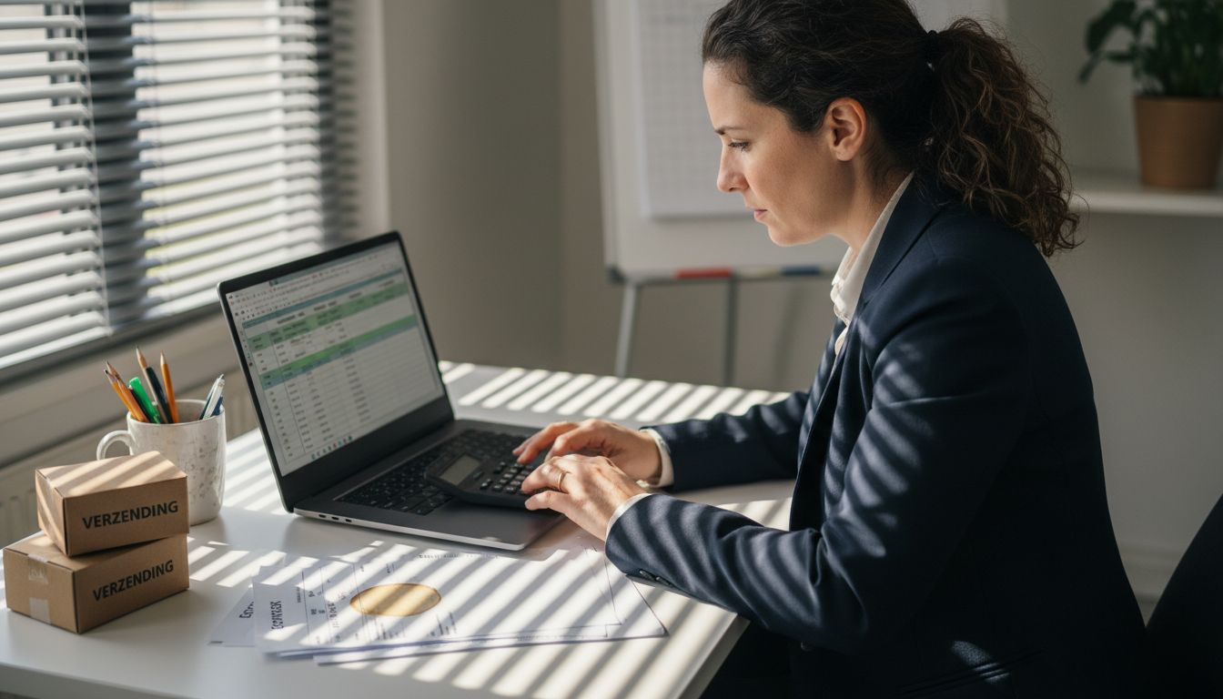 Ondernemer aan het bureau bezig met het berekenen van verzendkosten: even goed uitzoeken wat het meest voordelig is voor zijn bedrijf.