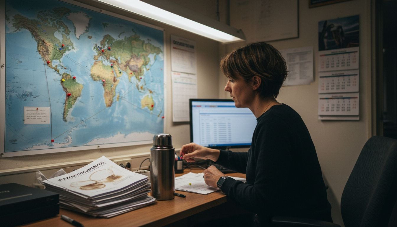 Een logistiek planner geeft met een marker routes aan op een grote kaart in het verzendkantoor.
