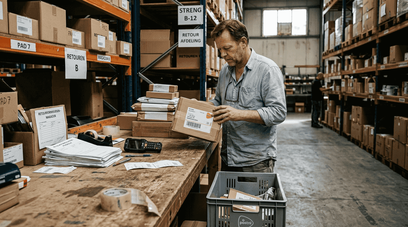 Een magazijnmedewerker bekijkt de retourzendingen nauwkeurig aan de werktafel.