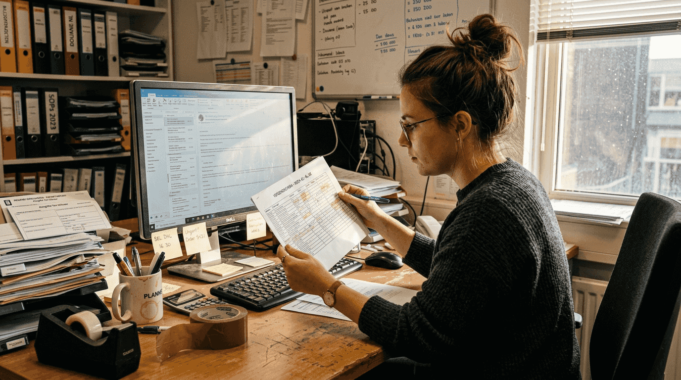 Een logistiek planner die de verzendschema's en bijbehorende documenten nauwkeurig doorneemt.