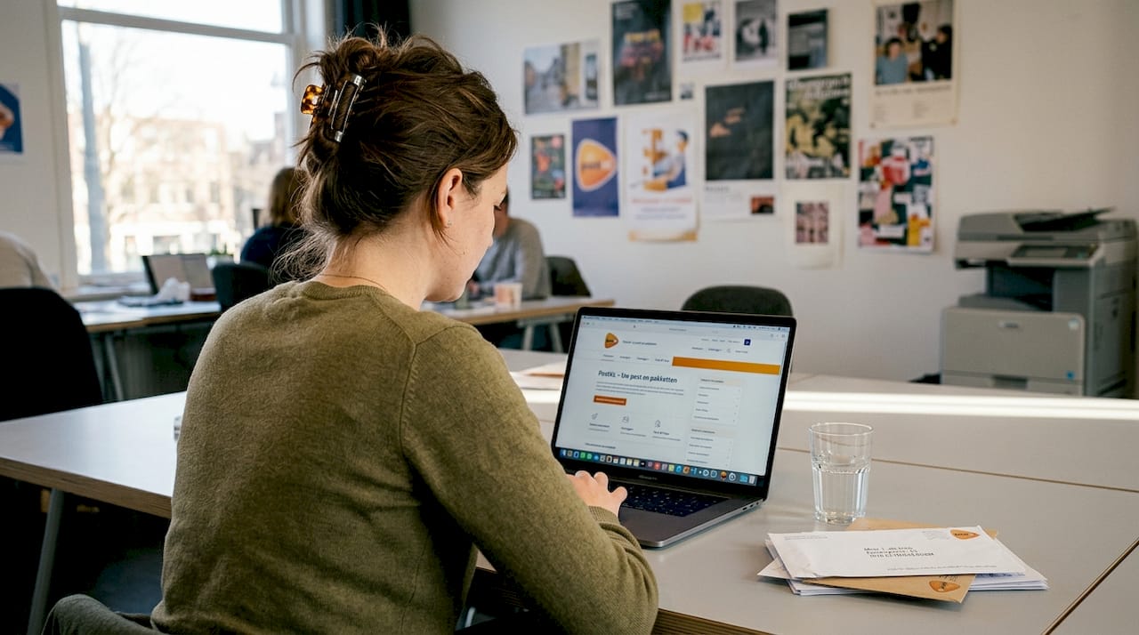 Vrouw zoekt haar postcode op via de laptop