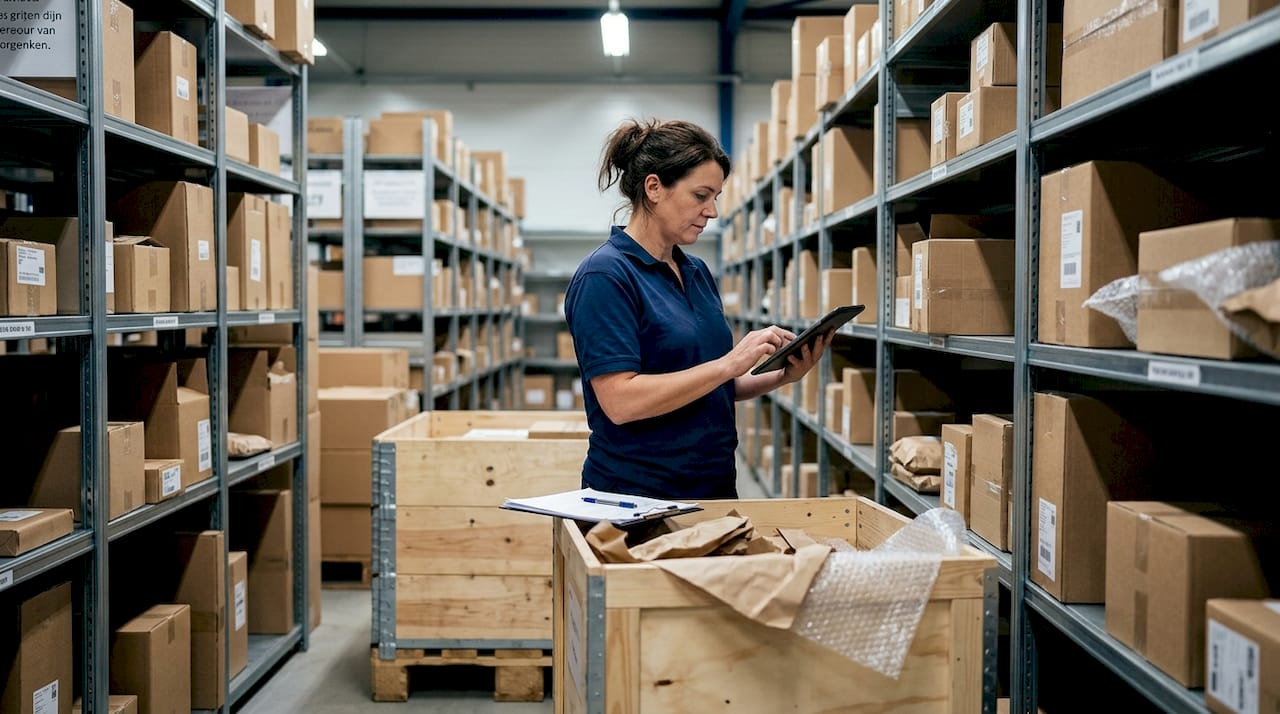 Magazijnmedewerkers controleren de voorraad in het distributiecentrum.