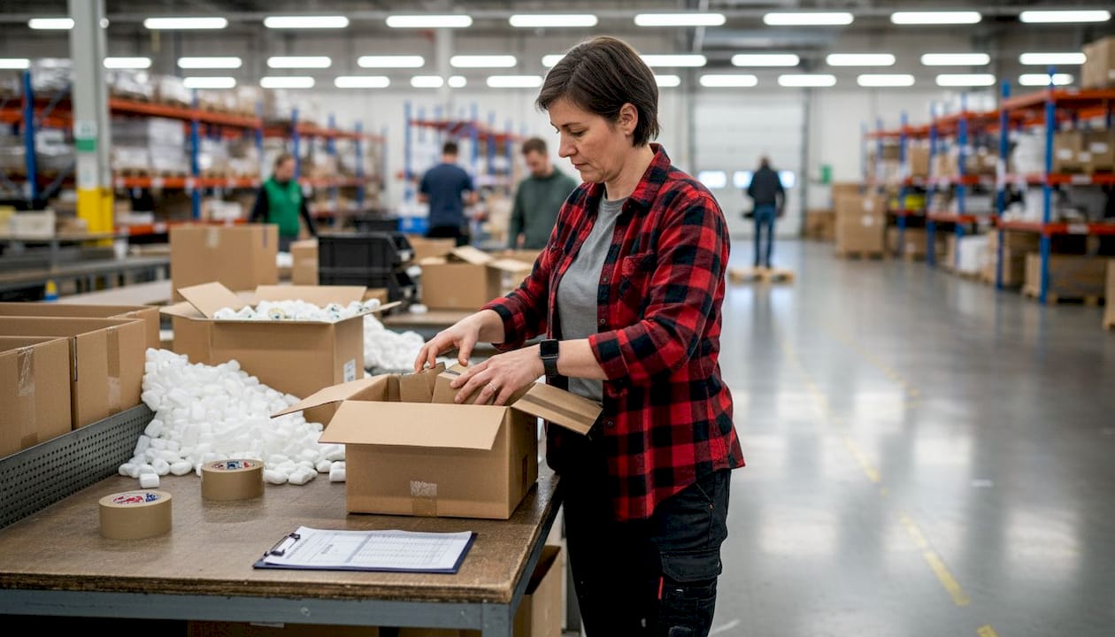 Een medewerker verzamelt en bundelt de zendingen in het magazijn.