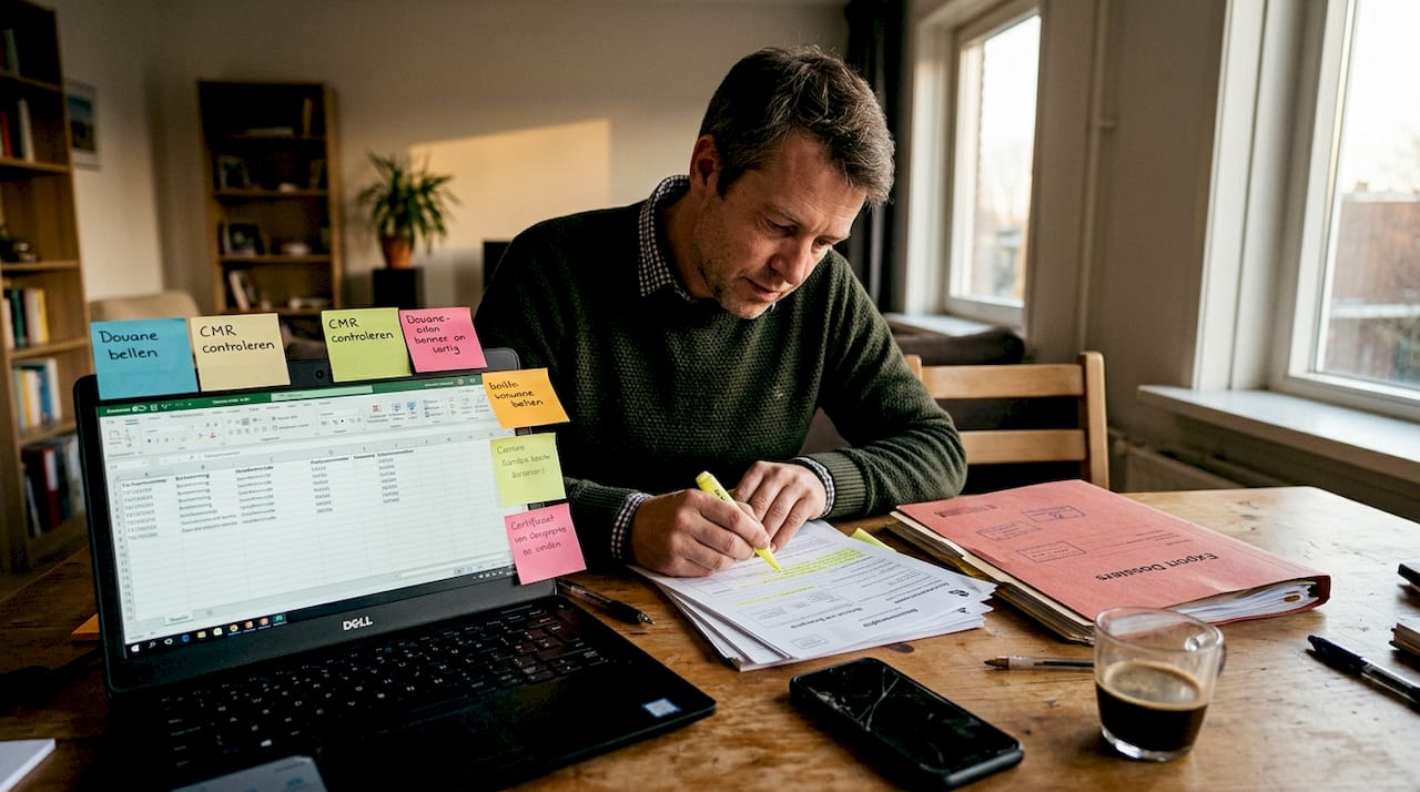 Iemand bekijkt thuis de douanepapieren voor luchtvracht.