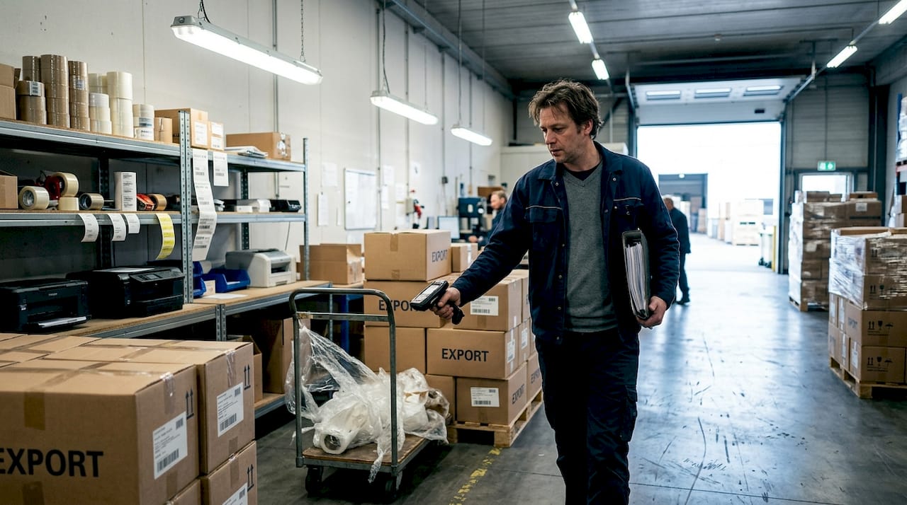 In de verzendruimte controleert de douane-expediteur de pakketten met een scanner.